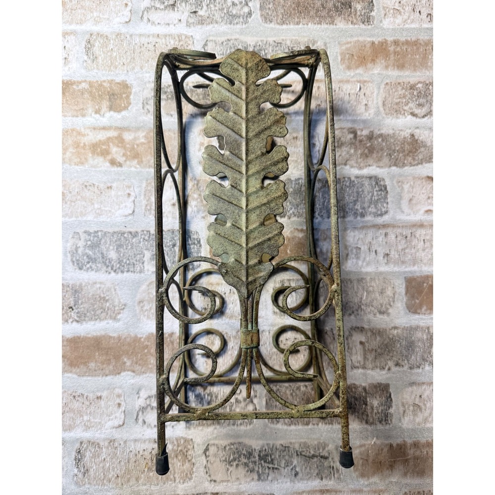 Vintage Metal 3 Bottle Wine Rack Sage Green Oak Leaf Scroll Countertop Holder